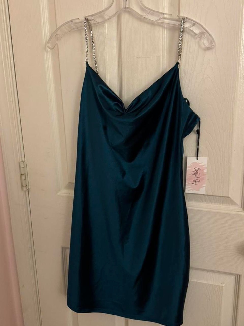 Macy's Teal Satin Mini Dress with Crystal Straps